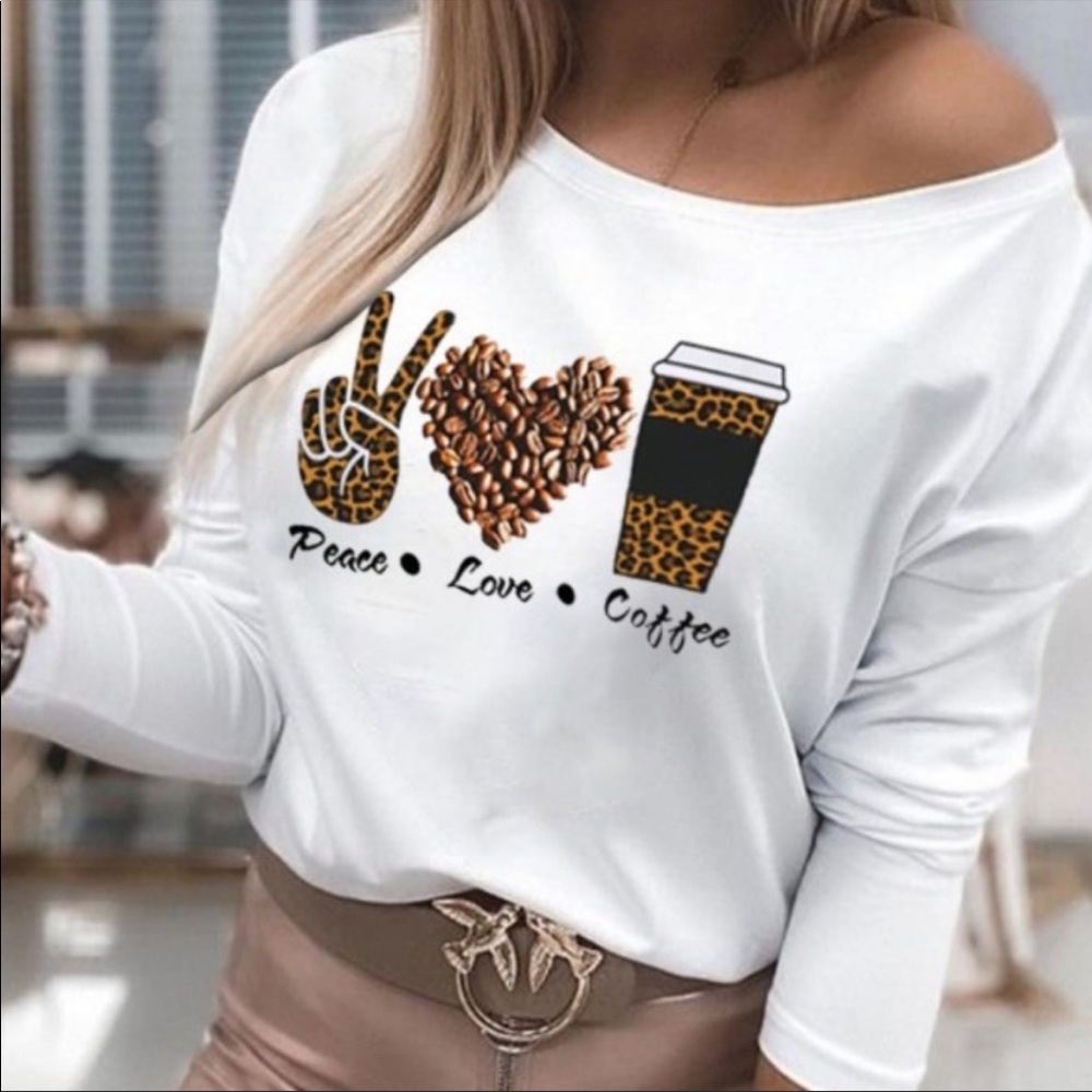 NWT peace love coffee white long sleeve shirt. Multiple sizes available.